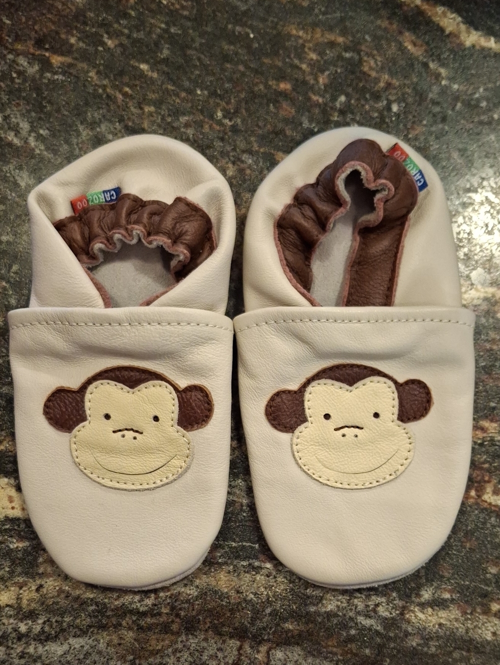 Toddler Leather Moccasins with Brown Monkey Applique - Cream/White